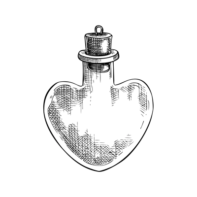 Poison bottle with cork stopper sketch. Witchcraft vector illustration. Vintage Halloween design element. Hand-drawn alchemical icon, esoteric symbols. NOT AI generated
